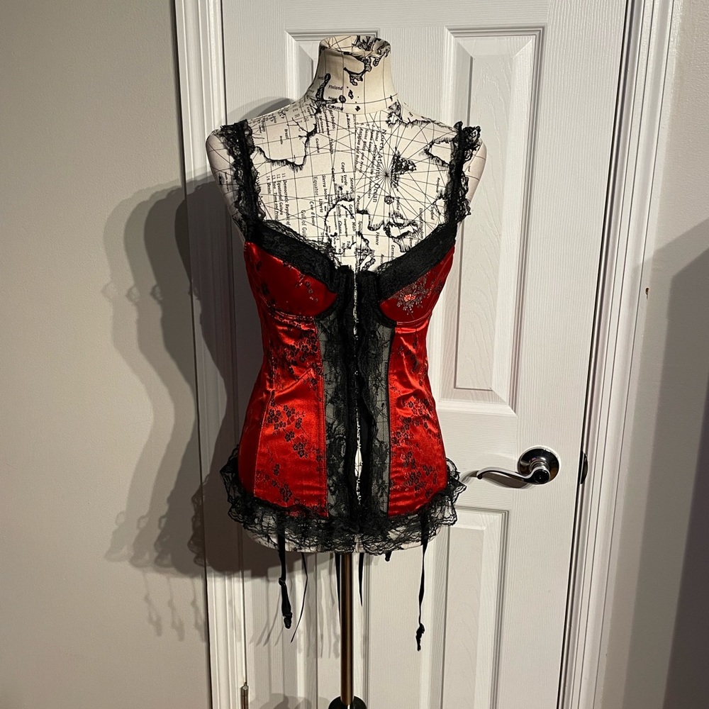 Vintage y2k Lace Bustier Corset Steampunk Victorian Satin brocade jacquard M top